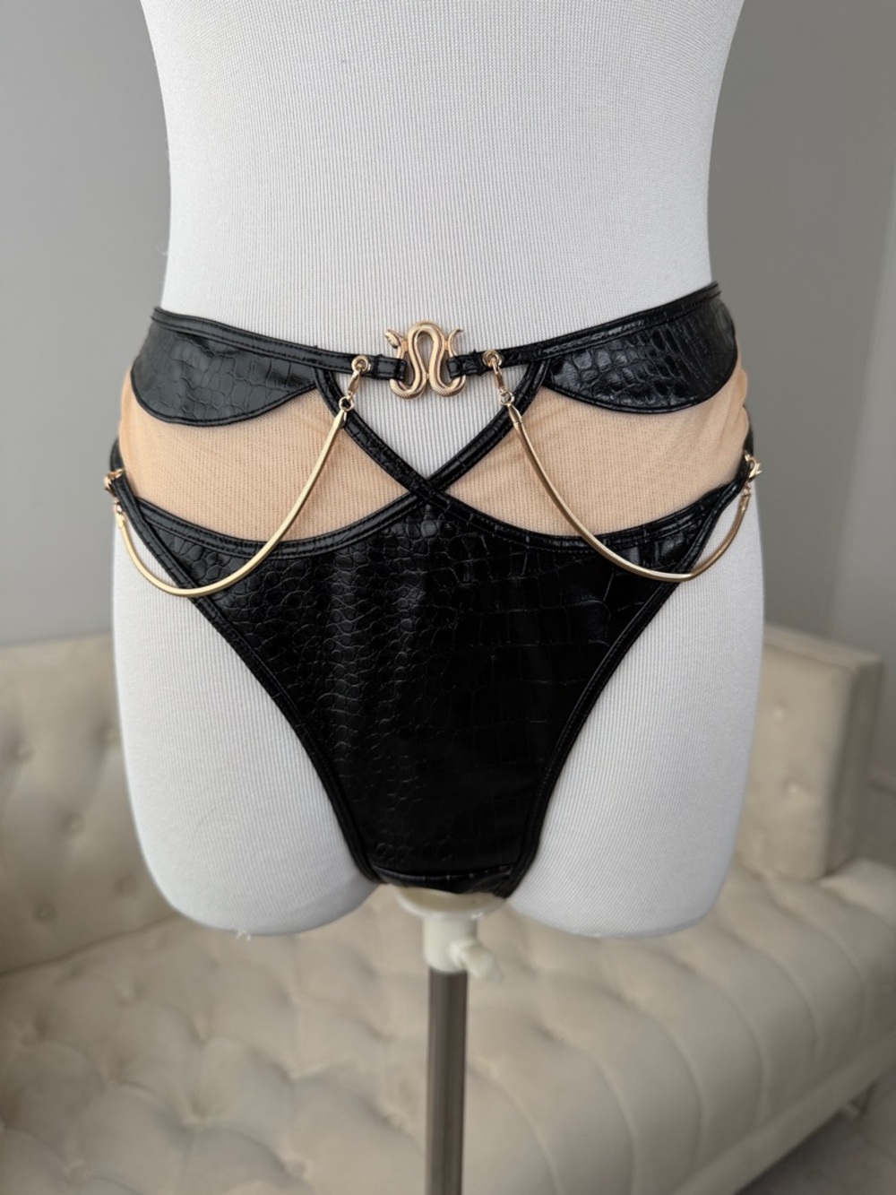 Honey Birdette chhaya Black Faux Croc Chain-Accent High Waist Bottom XL nwt